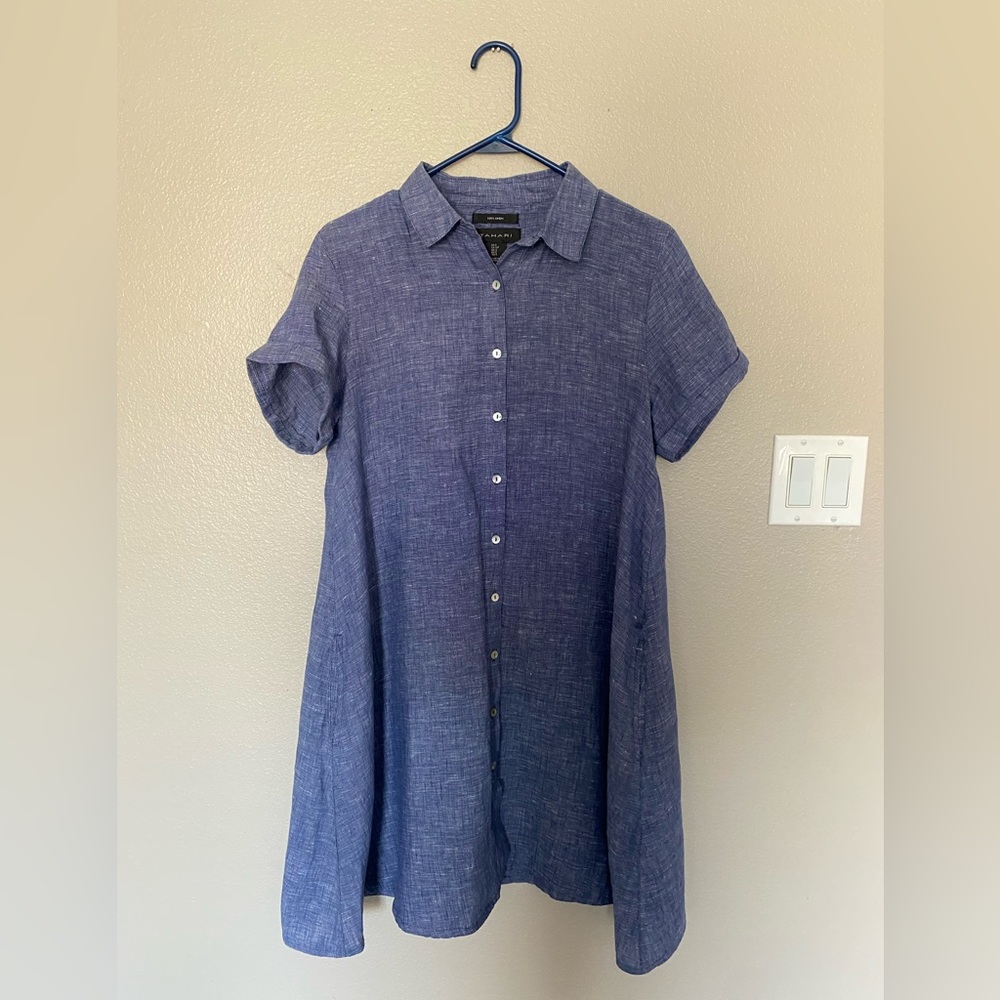 Tahari Chambray Linen Shirt Dress Size Small